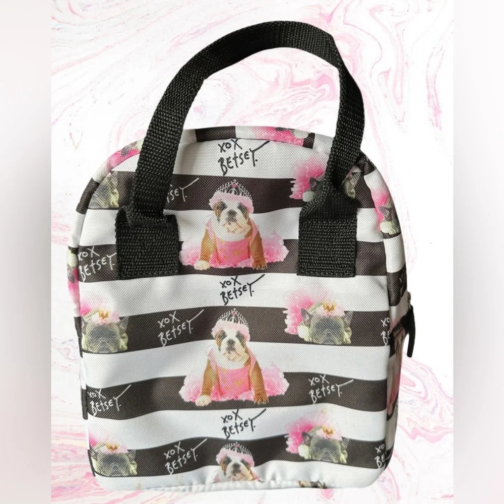 Betsey Johnson Insulated Lunch Tote- B&W Stripes with Pink Princess Bulldog NWOT - Picture 8 of 8